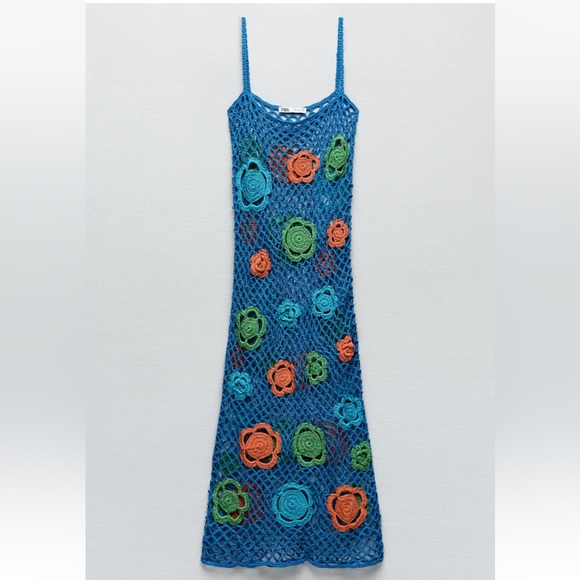 Zara Limited Edition Crochet Blue Flower Dress Sold Out Bloggers Fave Knit - Picture 9 of 15